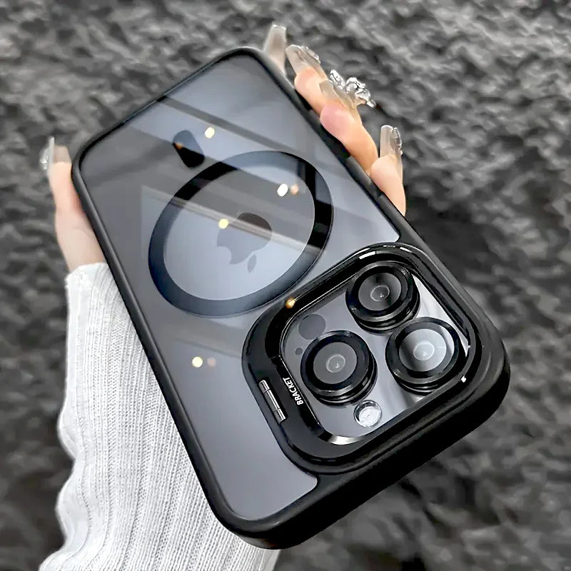 Luxury Magnetic For Magsafe Shockproof Phone Case For iPhone 11 12 13 14 15 16 17 Pro Max Plus Stand Glass Lens Protection Cover